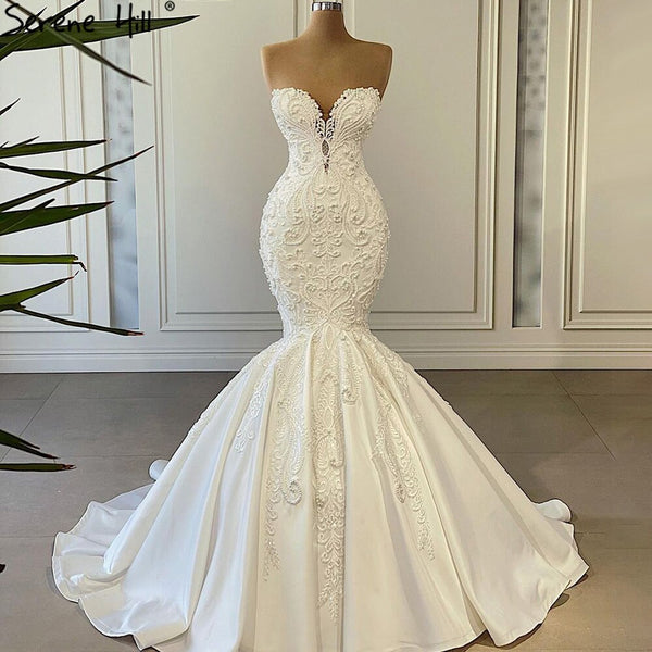 Serene Hill Ivory Mermaid Elegant Wedding Dresses Gowns 2025 Satin Beaded Pearls High-end Bridal Dress HA2508