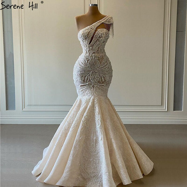 Serene Hill Ivory Mermaid Vintage Wedding Dresses 2025 One Shoulder Beading Lace Sexy High-end Bridal Gown HM67187