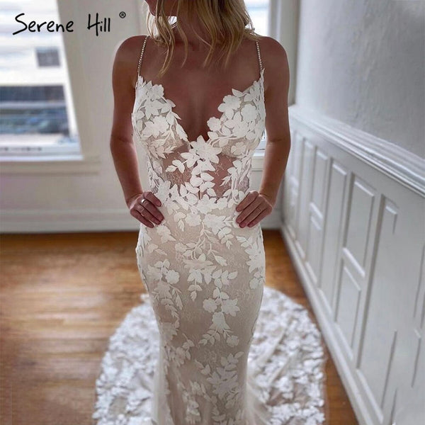 Serene Hill Ivory Spaghetti Strap Mermaid Wedding Dresses 2025 Lace Backless Sexy Bridal Gowns LA70431