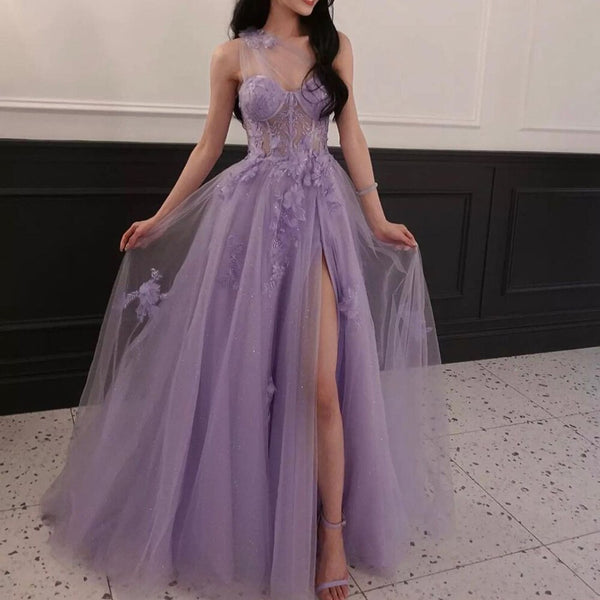 Serene Hill Lilac One Shoulder Split Long 2025 Flower Graduation School Party Gown Celebrity Prom Dresses LA71881