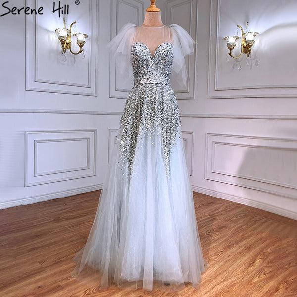 Serene Hill Luxury A-Line Grey Evening Dresses Gowns 2025 Beaded Detachable Sleeves For Women Party LA71354