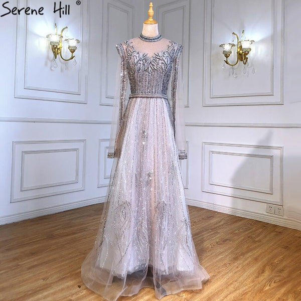 Serene Hill Luxury A-Line Silver Evening Dresses Gowns 2025 Beaded Cape Sleeve For Woman Party  LA71443