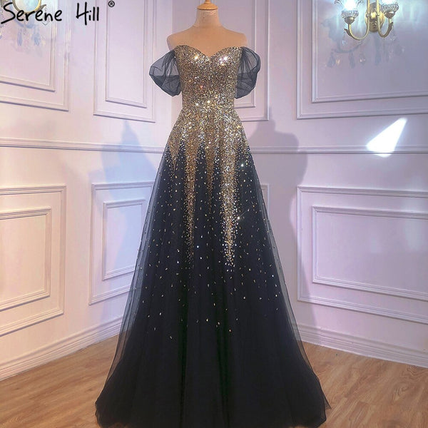 Serene Hill Luxury Black Gold A-line Evening Dresses Gowns 2025 Sparkle Beading Sexy For Women Party Dress LA70838