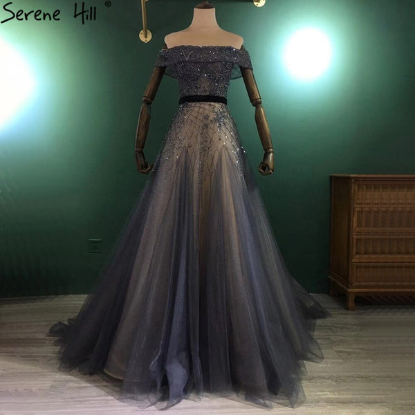 Serene Hill Luxury Blue A-Line Evening Dresses Gowns 2025 Beaded Bling Off Shoulder For Women Party LA71192