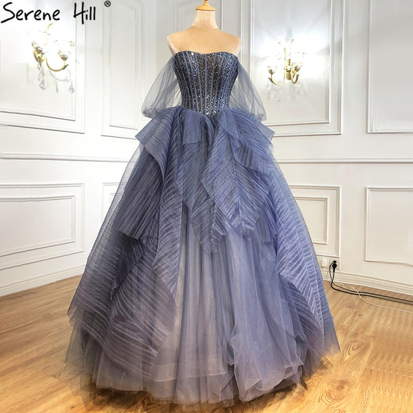 Serene Hill Luxury Blue Beading Evening Dresses Srtapless Sexy Ball Gowns 2025 For Women Party LA70936
