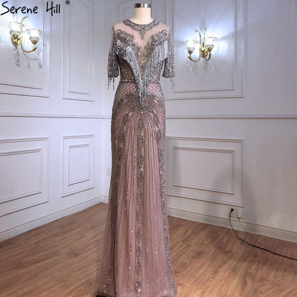 Serene Hill Luxury Grey Mermaid Evening Dresses Gowns 2025 Half Sleeves Beading Tassel Elegant For Women Party LA70966