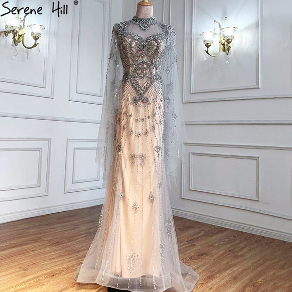 Serene Hill Luxury Grey Nude Cape Sleeves Evening Dresses Gowns 2025 Beaded Mermaid Elegant Sexy For Woman Party  LA71187