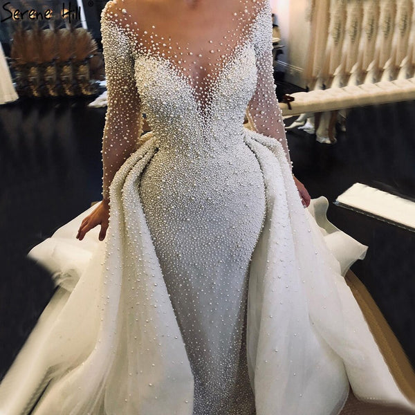 Serene Hill Luxury Ivory Detachable Train Mermaid Wedding Dresses Gowns 2025 Pearls Beading Bride Dress HM67182 Custom Made