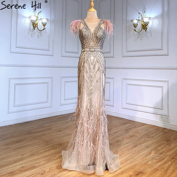 Serene Hill Luxury Mermaid Nude Evening Dresses Gowns 2025 Feather Beaded Elegant For Women Party LA71340