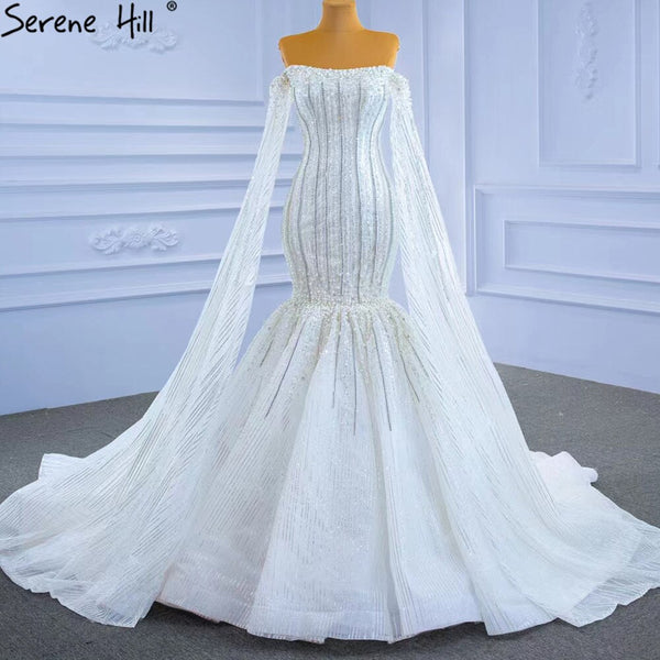 Serene Hill Luxury Mermaid White Wedding Dresses 2025 Cape Sleeves Beaded Pearls Bride Gowns HM67278 Custom Made