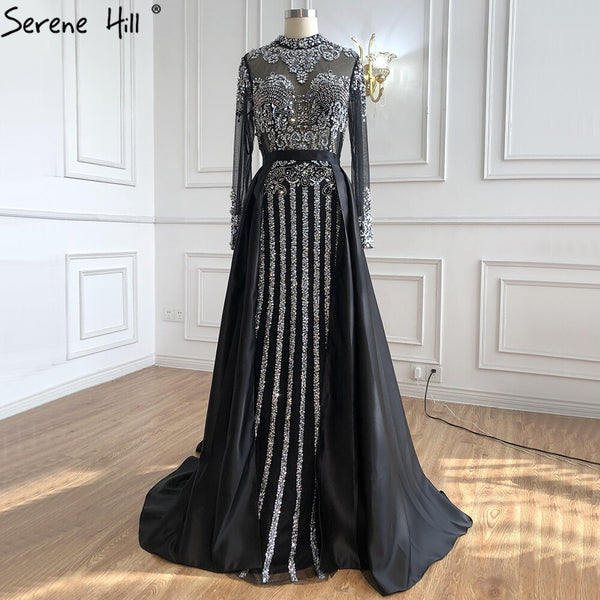 Luxury Muslim Black With Overskirt Mermaid Long SleeveEvening Dresses  For Woman LA71011