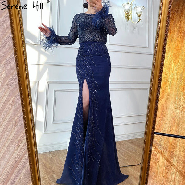 Serene Hill Luxury Muslim Navy Blue Evening Dresses Gowns 2025 Elegant Meramaid Beading Feathers For Women Party  LA70978