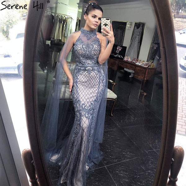 Serene Hill Luxury Navy Blue With Train Evening Dresses Gowns 2025 Mermaid Beading Diamond Elegant For Women Party LA70807