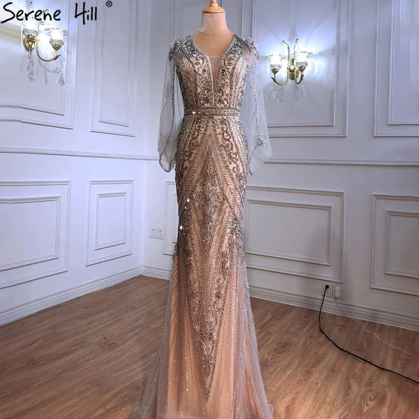 Serene Hill Luxury Nude Silver Evening Dresses Gowns 2025 Sexy Mermaid Beading Elegant For Women Party LA70905