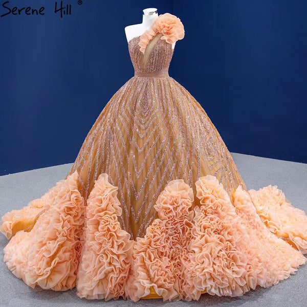 Serene Hill Luxury Orange One Shoulder Wedding Dresses 2025 High-end Beaded Ruched Bridal Dress HM67358 Custom Made