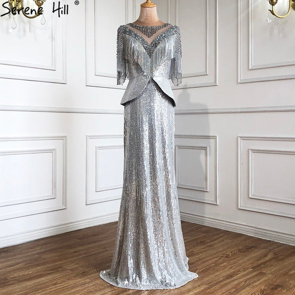 Sale Serene Hill Luxury Silver Mermaid Evening Dresses Gowns 2025 Elegant Half Sleeves Beading Tassel For Women Party LA71017