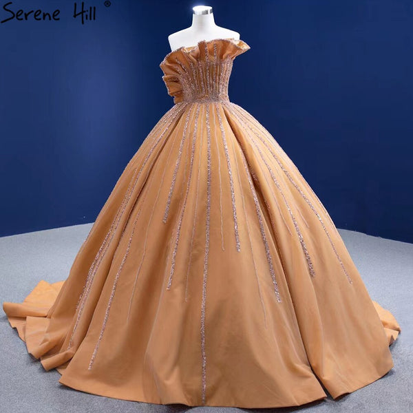 Serene Hill Luxury Sleeveless Gold Wedding Dresses 2025 Satin High-end Beaded Sexy Bridal Dress HM67356 Custom Made