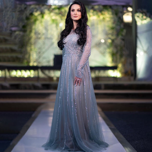 Serene Hill Luxury Turquoise nude A-Line Evening Dresses Gowns 2025 Long Sleeves Beaded Elegant For Women Party LA71659