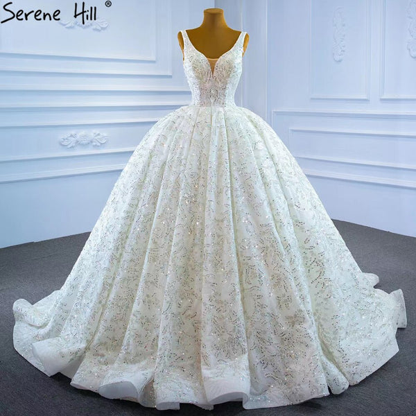 Serene Hill Luxury White Beading Wedding Dresses Gowns 2025 Sparkle Sleeveless Ball Gown Bridal Dress HM67254 Custom Made