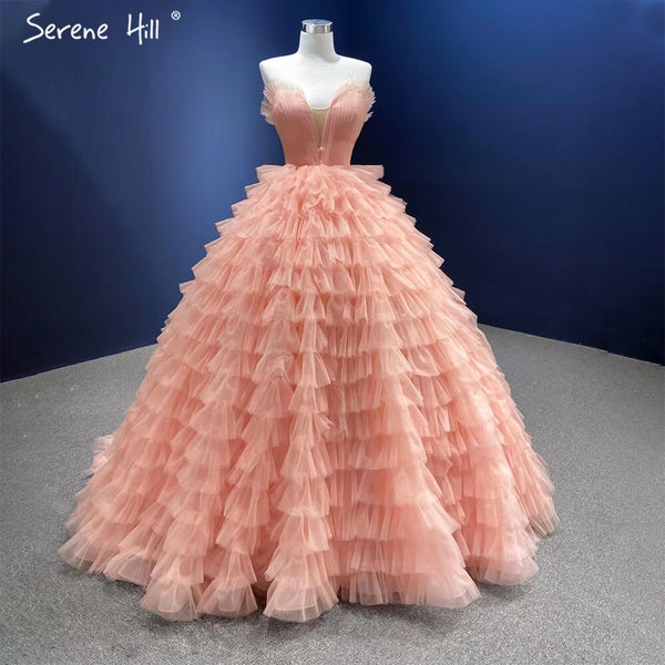 Serene Hill Meat Pink Sexy Wedding Dresses 2025 Ruffles Tiered Lace Up Bridal Gowns HM67033B Custom Made