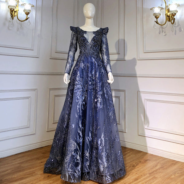 Serene Hill Moslim Blue A-lijn Avond Jurken 2025 Lace Kralen Luxe Voor Vrouw Party LA71552