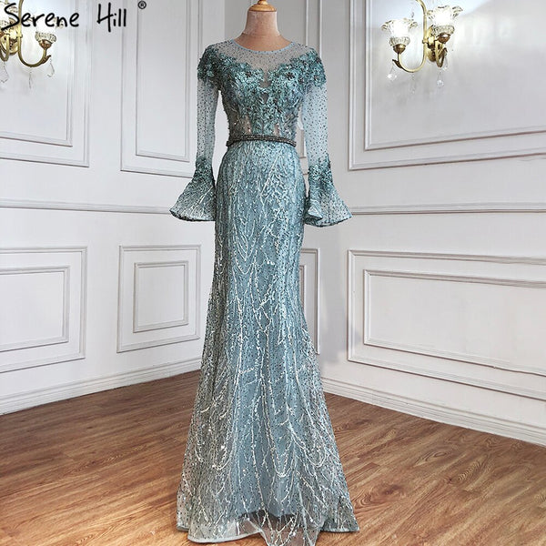 Sale Serene Hill Musliim Blue Mermaid Evening Dresses Gowns 2025 Elegant Beadrd Luxury For Women Party LA71128