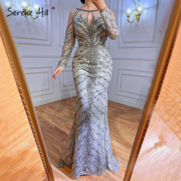Serene Hill Musliim Grey Mermaid Evening Dresses 2025 Lace Beading Crystal Elegant For Women Party LA71131