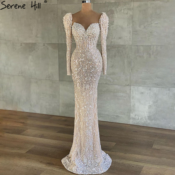 Serene Hill Muslim Beige Mermaid Evening Dresses Gowns 2025 Luxury Sparkle Elegant Puffy Sleeves Formal Dress LA71040