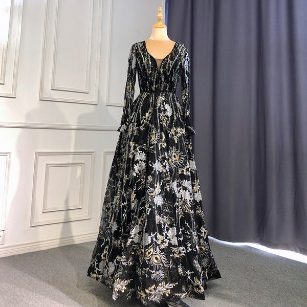 Serene Hill Muslim Black A-Line Sweetheart Necck Evening Dresses Long Arm Gowns 2025 Luxury Beaded For Women Party LA71023A