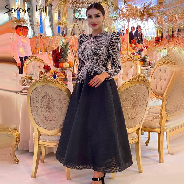 Serene Hill Muslim Black Evening Dresses Gowns 2025 A-Line Beaded Ankle-Length For Women Party LA71290