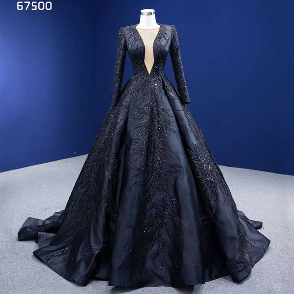 Serene Hill Muslim Black Luxury Lace Beaded Long Sleeves Wedding Dresses Bride Gowns Custom Made Ball Gown 2025 HM67500
