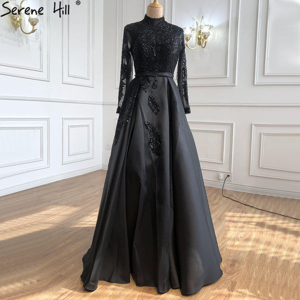 Serene Hill Muslim Black Satin Luxury Evening Dresses Gowns 2025 Beading A-Line For  Women Party LA70919