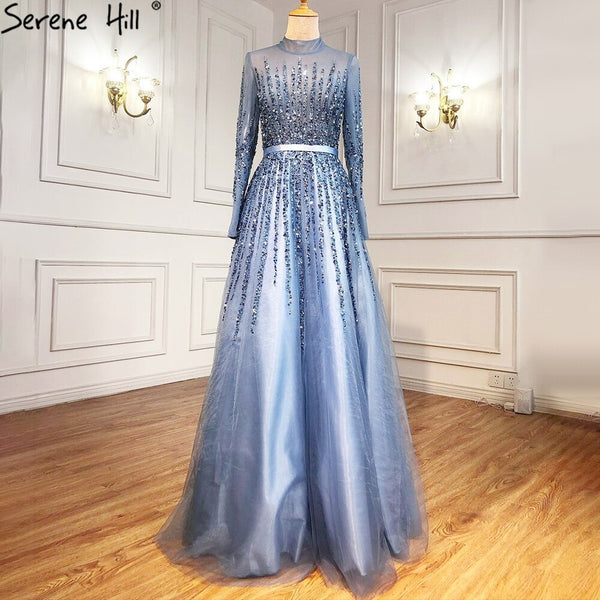 Serene Hill Muslim Blue Luxury Beaded Crystal A-Line Evening Dresses Gowns 2025 Luxury Beaded Crystal For Women Party LA70927H