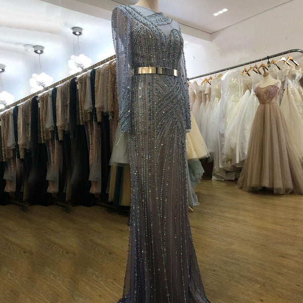 Serene Hill Muslim Blue Luxury Evening Dresses Gowns 2025 Mermaid Elegant Beaded Sashes For Women Party LA71429