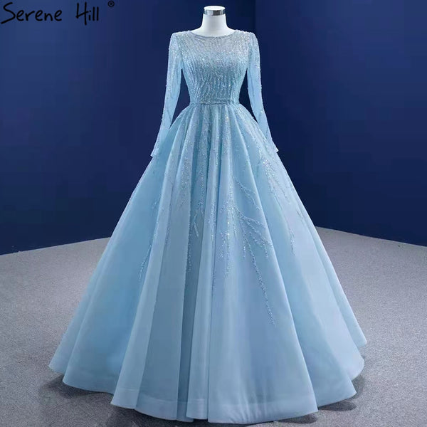Serene Hill Muslim Blue Luxury Wedding Dresses 2025 Beaded Lace Up High-end Bridal Dress HM67395 Custom Made