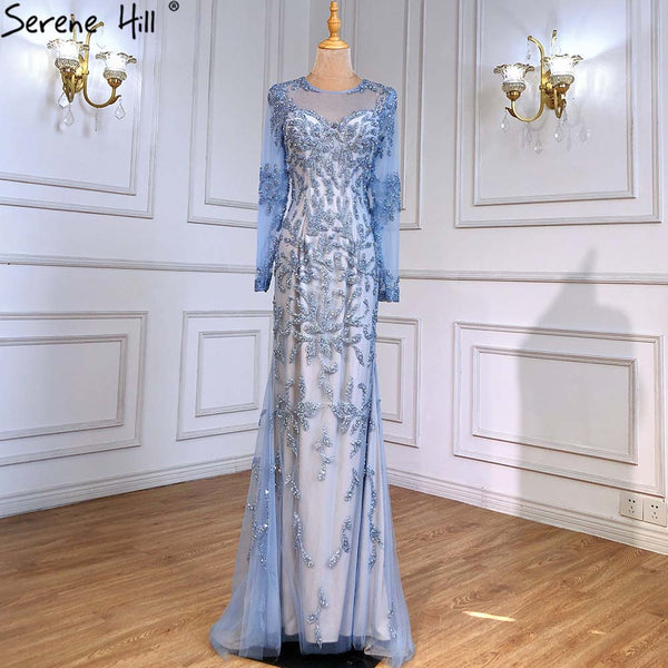 Serene Hill Muslim Blue Mermaid Evening Dresses Gowns 2025 Luxury Elegant Beaded For Women Party LA71479