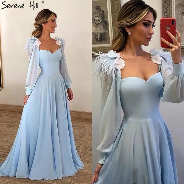 Serene Hill Muslim Blue Simple Evening Dresses Gowns 2025 Chiffon Ostrich Feather A-Line For Women Party HA2217