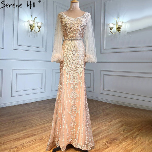 Serene Hill Muslim Champagne Luxury Evening Dresses Gowns 2025 Mermaid Elegant Beaded For Women Wedding Party LA71225
