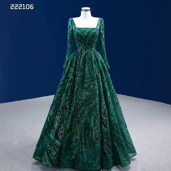 Serene Hill Muslim Dark Green Luxury Beaded Appliques Lace Up Ball Gowns Wedding Dress 2025 High End Custom Made HM222106