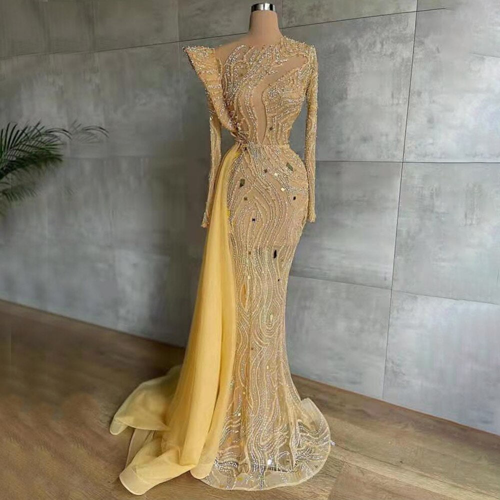 Peach Mermaid Elegant Evening Dresses Gowns 2025 Beaded Luxury Overskirt For Women Party LA71527