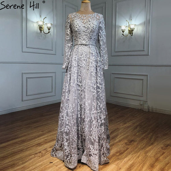 Serene Hill Muslim Grey A-Line Evening Dresses Gowns 2025 Lace Beaded Luxury For Woman Wedding Party LA71211
