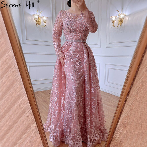 Serene Hill Muslim Grey A-Line Evening Dresses Gowns 2025 Lace Beaded Luxury For Woman Wedding Party LA71211