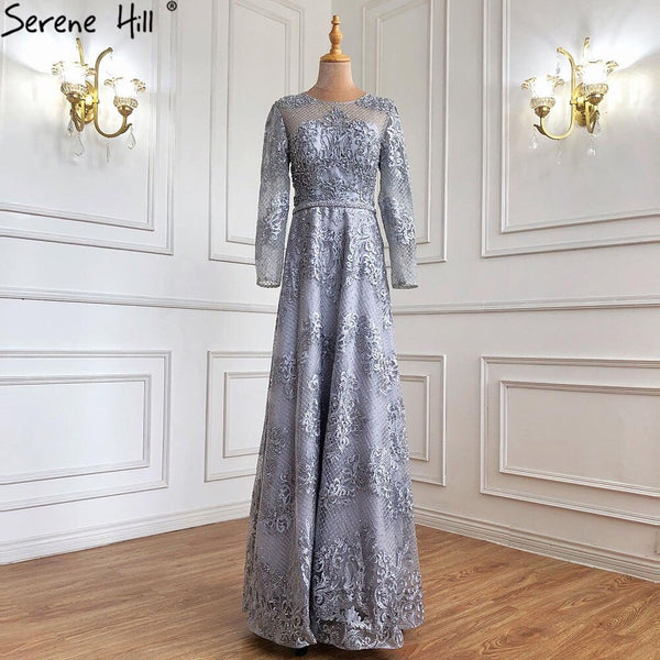 Serene Hill Muslim Grey A-Line Evening Dresses Gowns 2025 Luxury Beaded Lace For Women Wedding Party LA71308