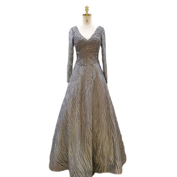 Serene Hill Muslim Grey A Line Sexy V-Neck Luxury Beaded Evening Dresses Gowns For Women Party 2025 LA71802