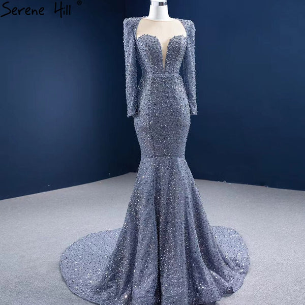 Serene Hill Muslim Grey Mermaid Evening Dresses 2025 Beaded Elegant Luxury Formal Dress HM67272