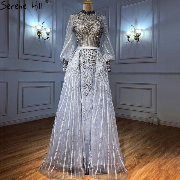 Serene Hill Muslim Grey Overskirt Evening Dresses Gowns 2025 Mermaid Elegant Beaded For Woman Party LA71248