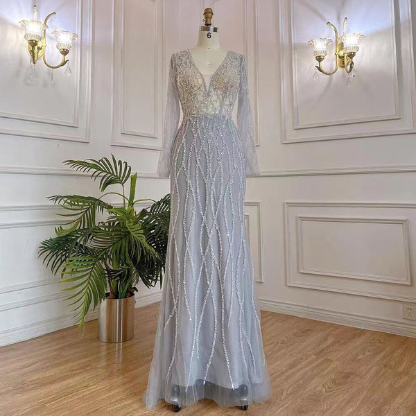 Serene Hill Muslim Grey V Neck Mermaid Beaded Luxury Dubai Evening Dresses 2025 For Women Elegant Party LA71903