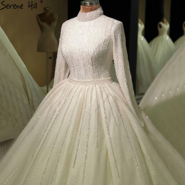 Serene Hill Muslim Ivory Long Sleeves Wedding Dresses 2025 Luxury High-end Beading Bride Gowns HA2467 Custom Made