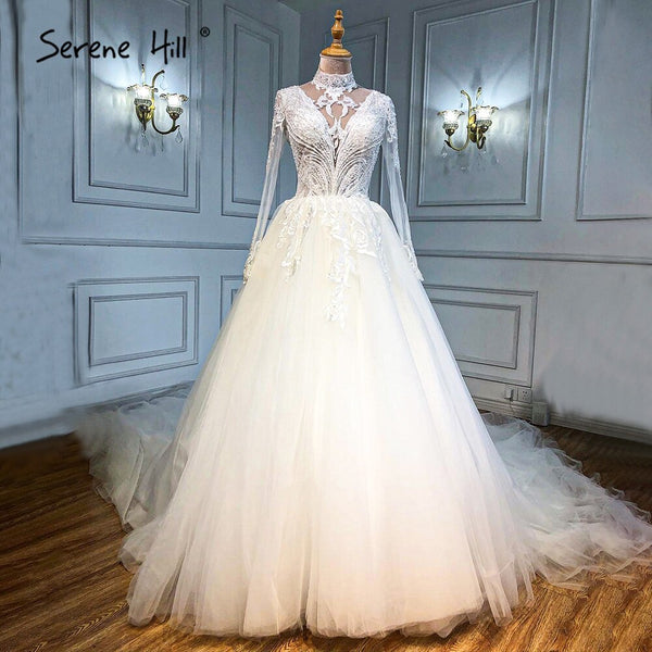 Serene Hill Muslim Ivory Luxury Wedding Dresses 2025 A-Line Beaded Luxury Bride Dress HA2499 Custom Made
