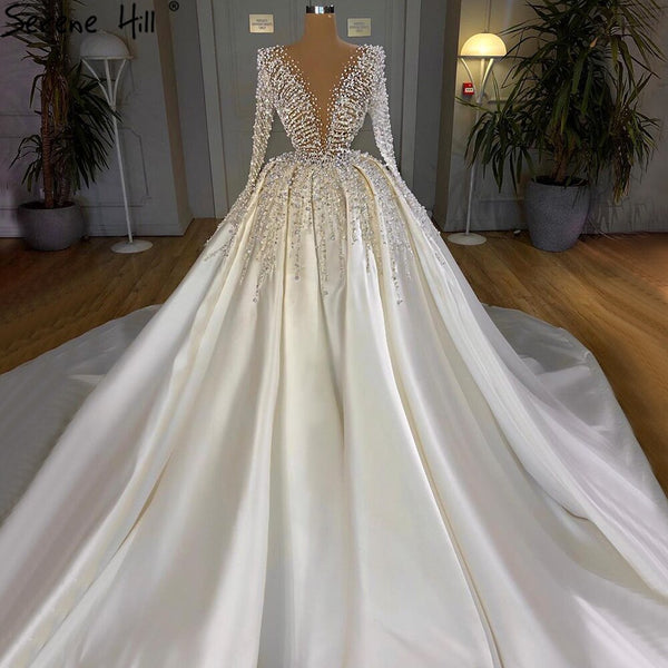 Serene Hill Muslim Ivory Satin Luxury Wedding Dresses Gowns 2025 Beading Pearls Sexy Bride Dress HM67210 Custom Made